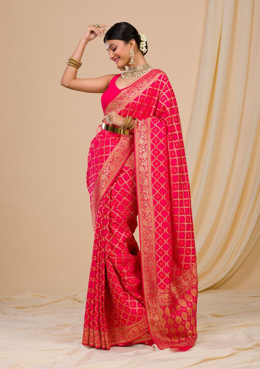 Rani Pink Zariwork Banarasi Saree-Koskii