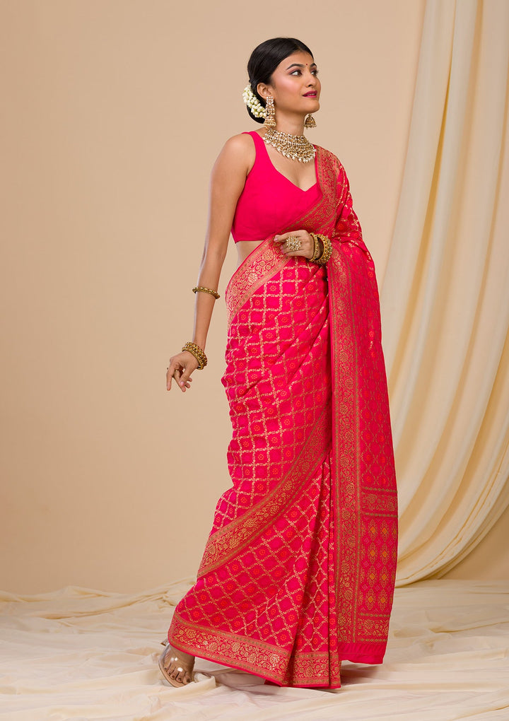 Rani Pink Zariwork Banarasi Saree-Koskii