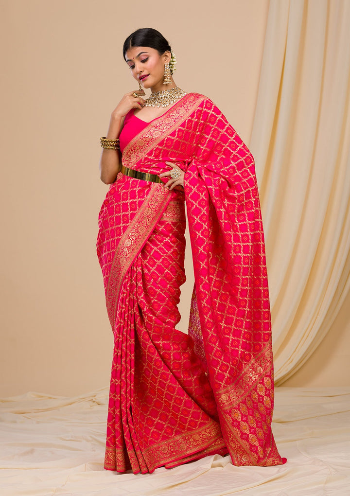Rani Pink Zariwork Banarasi Saree-Koskii