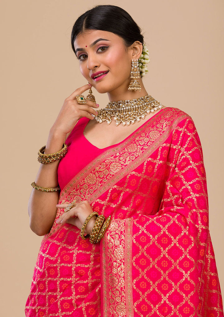 Rani Pink Zariwork Banarasi Saree-Koskii