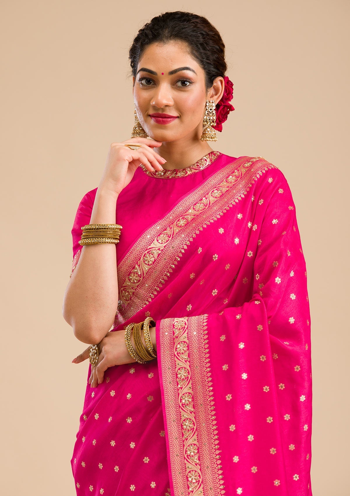 Rani Pink Zariwork Banarasi Silk Saree-Koskii