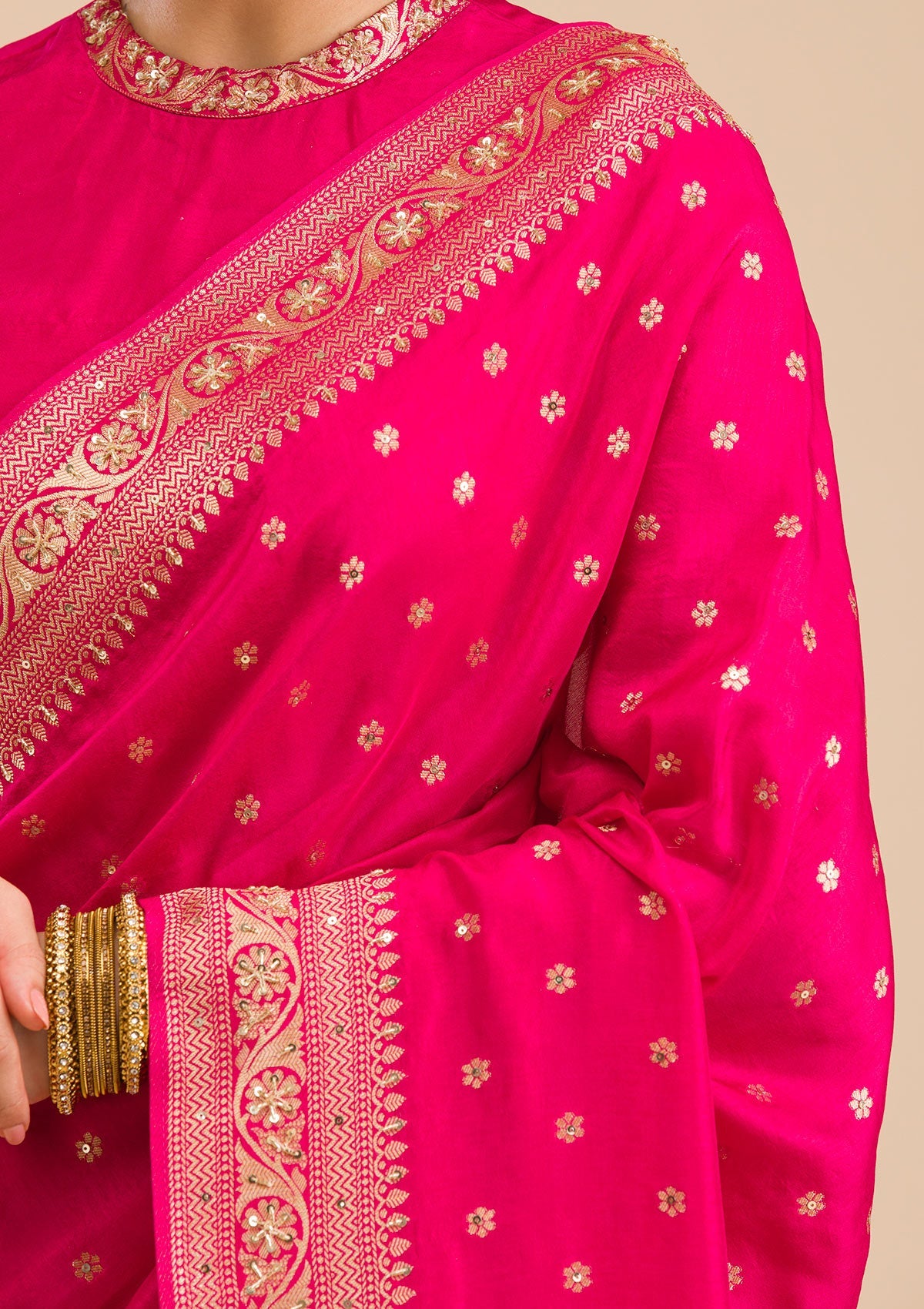 Rani Pink Zariwork Banarasi Silk Saree-Koskii