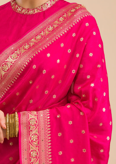 Rani Pink Zariwork Banarasi Silk Saree-Koskii