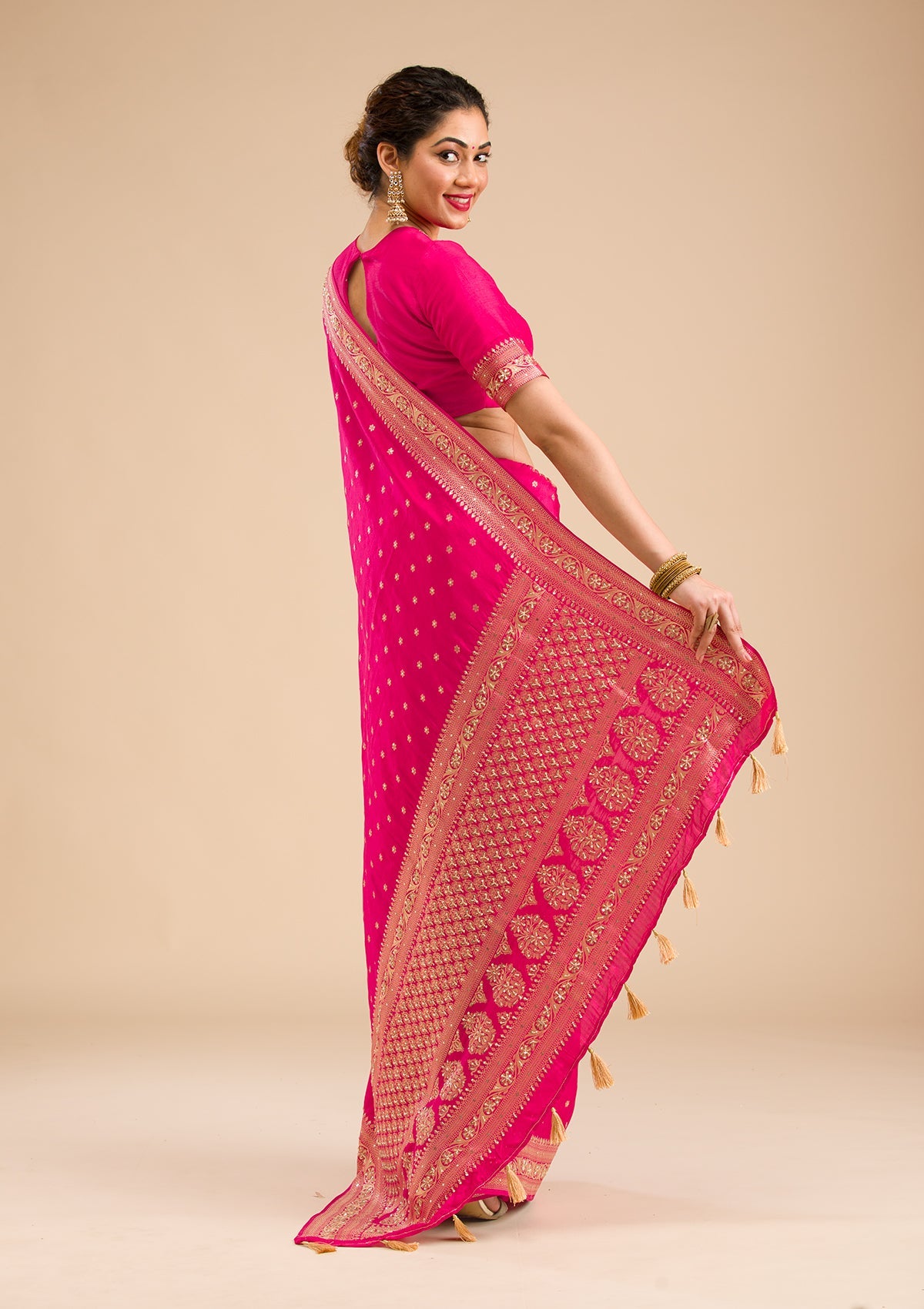 Rani Pink Zariwork Banarasi Silk Saree-Koskii