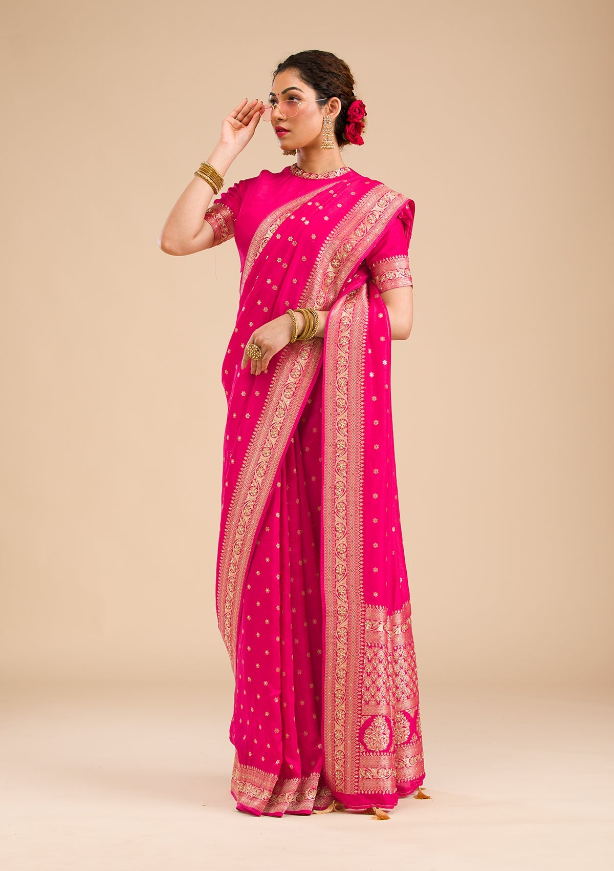 Rani Pink Zariwork Banarasi Silk Saree-Koskii