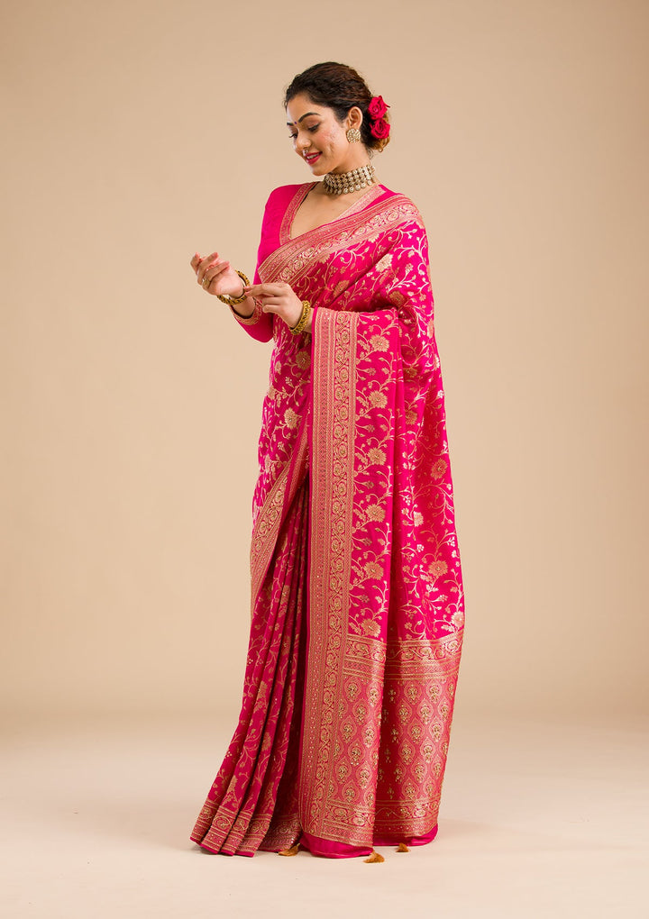 Rani Pink Zariwork Banarasi Silk Saree-Koskii