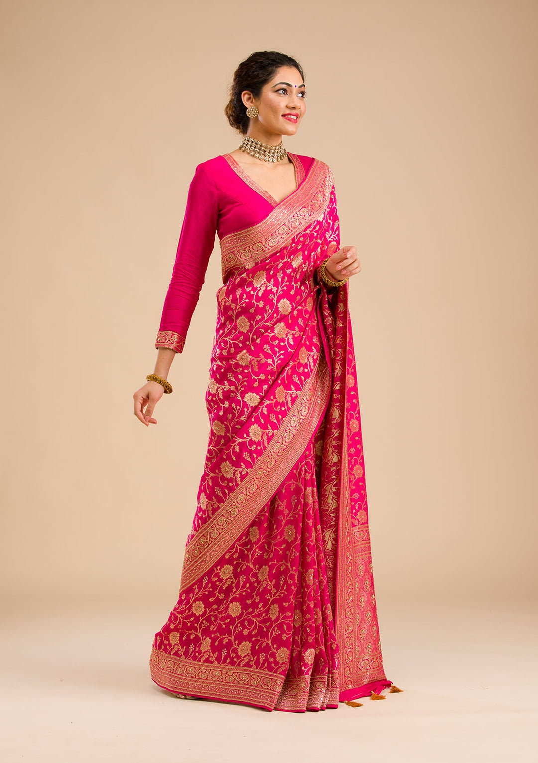 Rani Pink Zariwork Banarasi Silk Saree-Koskii