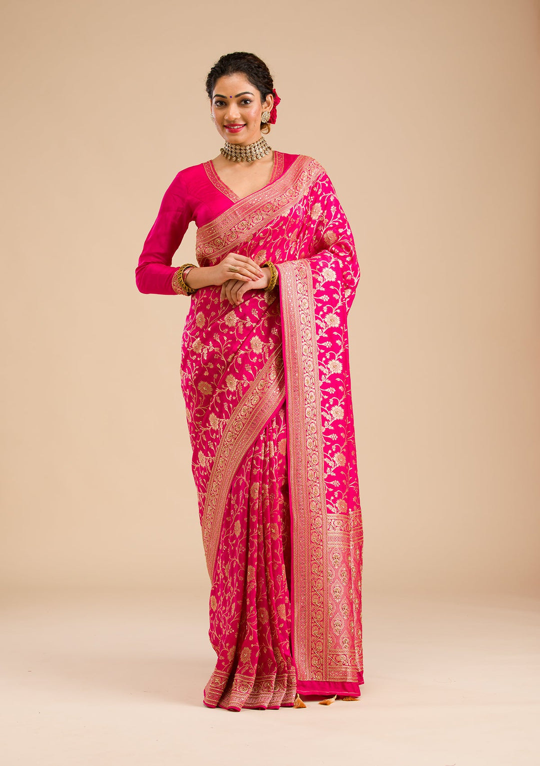 Rani Pink Zariwork Banarasi Silk Saree-Koskii
