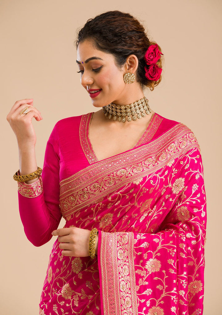 Rani Pink Zariwork Banarasi Silk Saree-Koskii