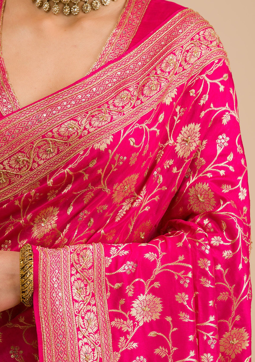 Rani Pink Zariwork Banarasi Silk Saree-Koskii