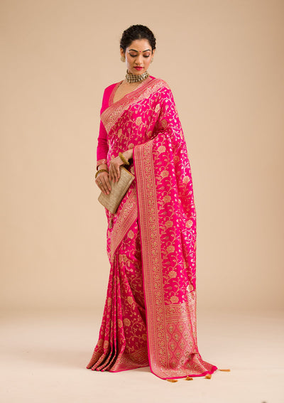 Rani Pink Zariwork Banarasi Silk Saree-Koskii