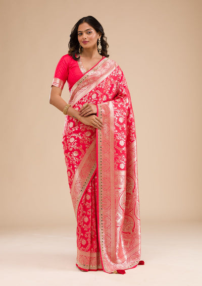 Rani Pink Zariwork Banarasi Silk Saree-Koskii