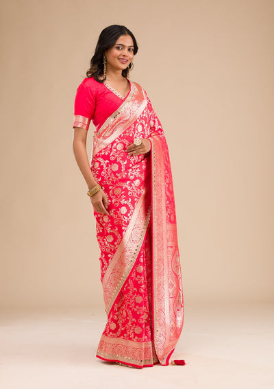 Rani Pink Zariwork Banarasi Silk Saree-Koskii