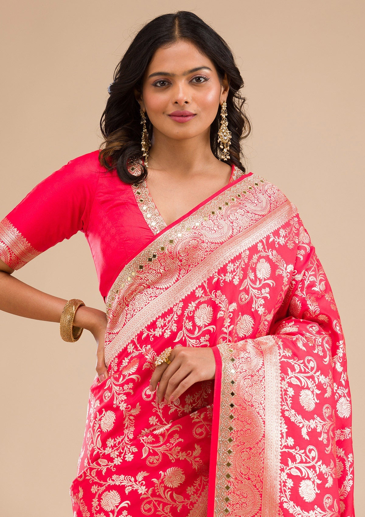 Rani Pink Zariwork Banarasi Silk Saree-Koskii