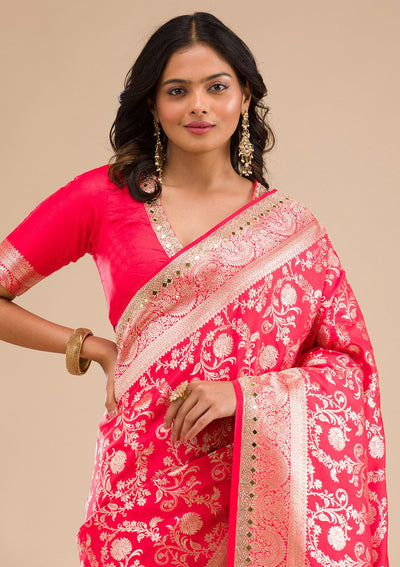 Rani Pink Zariwork Banarasi Silk Saree-Koskii