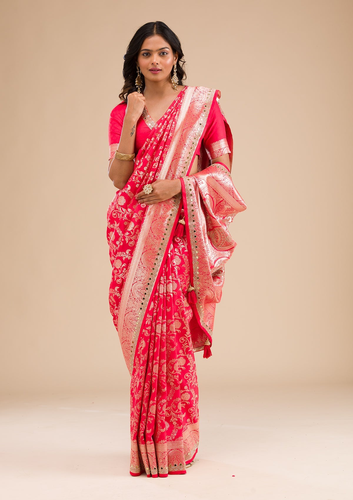 Rani Pink Zariwork Banarasi Silk Saree-Koskii