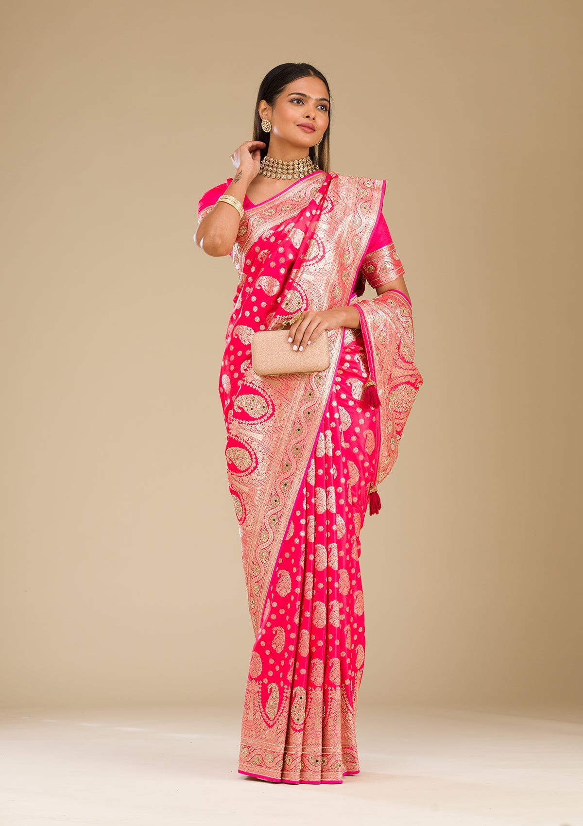 Rani Pink Zariwork Banarasi Silk Saree-Koskii