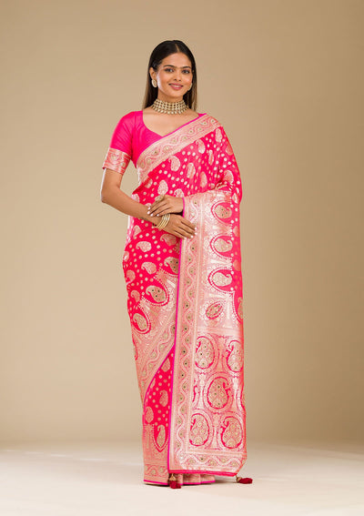 Rani Pink Zariwork Banarasi Silk Saree-Koskii