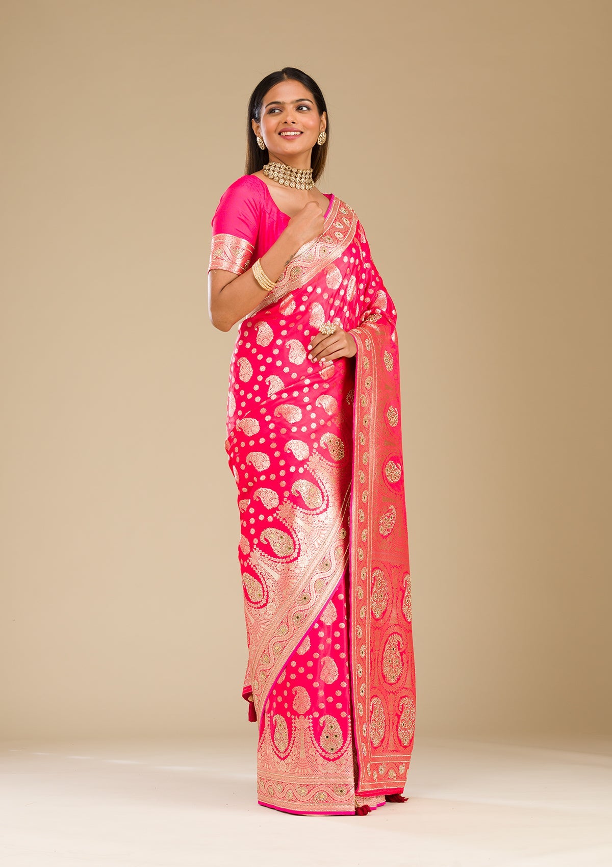 Rani Pink Zariwork Banarasi Silk Saree-Koskii