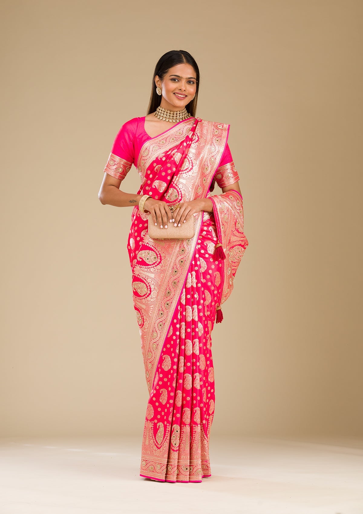 Rani Pink Zariwork Banarasi Silk Saree-Koskii