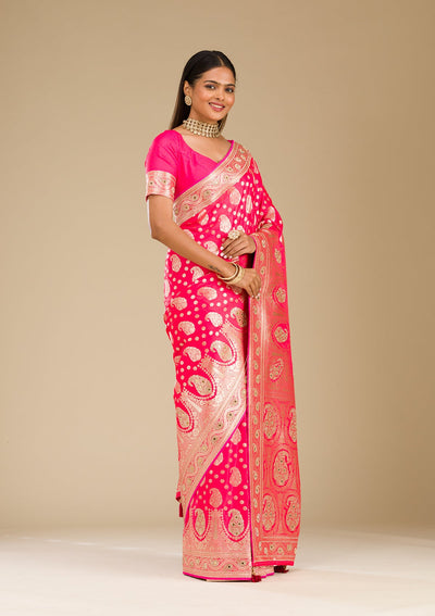 Rani Pink Zariwork Banarasi Silk Saree-Koskii