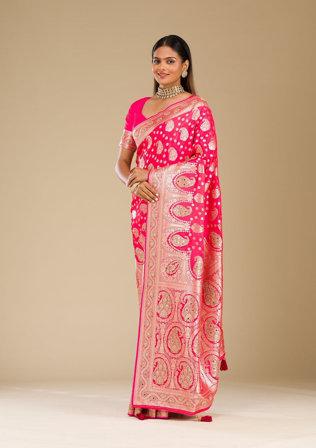 Rani Pink Zariwork Banarasi Silk Saree-Koskii