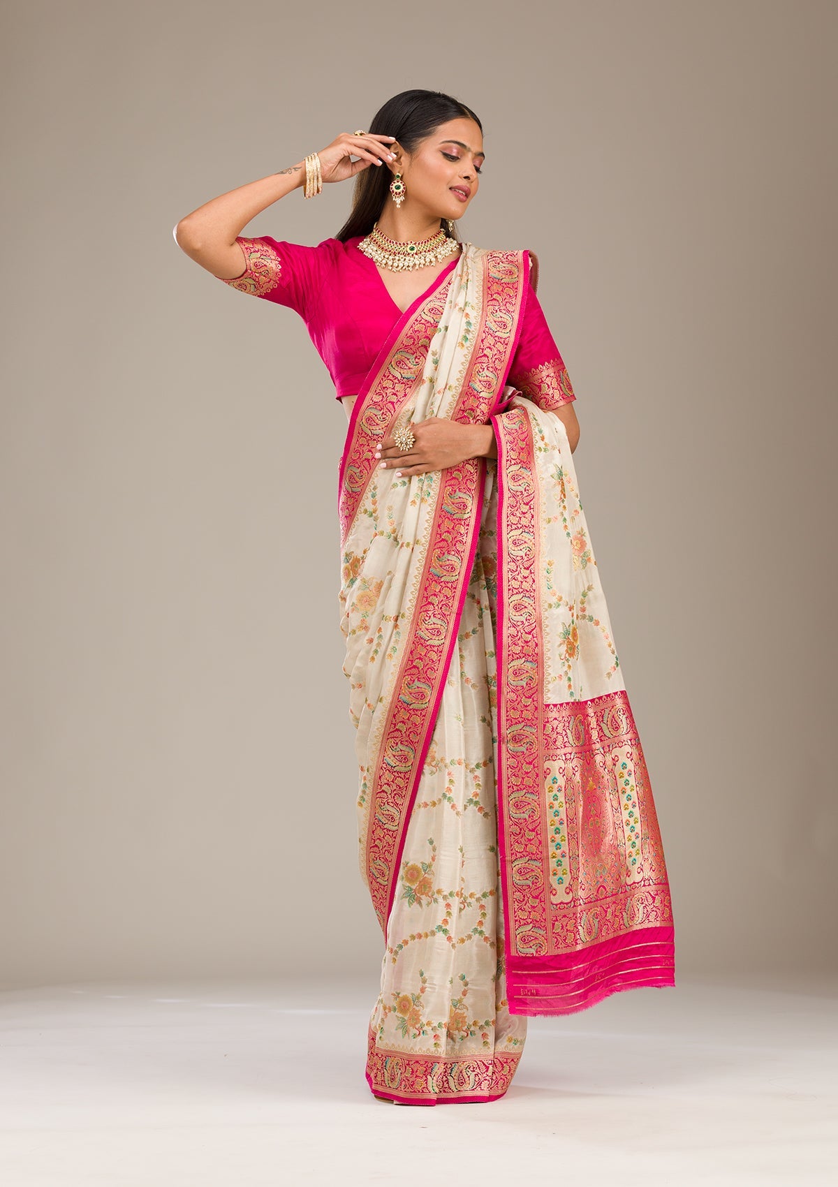 Beige Zariwork Banarasi Silk Saree-Koskii