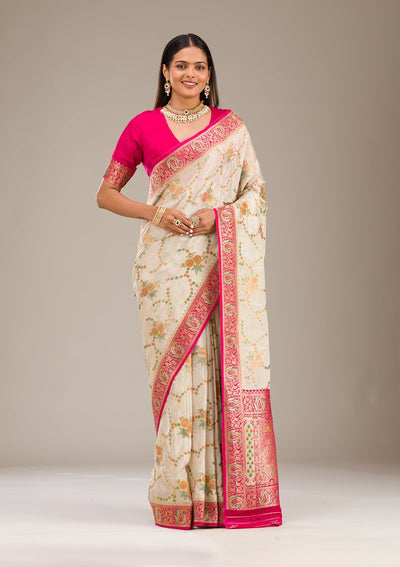 Beige Zariwork Banarasi Silk Saree-Koskii