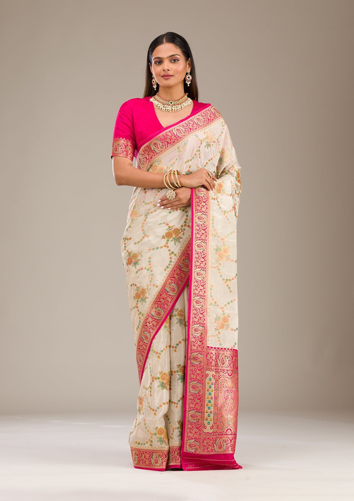 Beige Zariwork Banarasi Silk Saree-Koskii