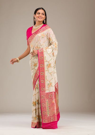 Beige Zariwork Banarasi Silk Saree-Koskii