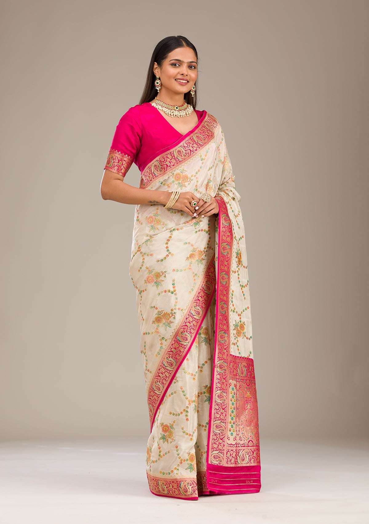 Beige Zariwork Banarasi Silk Saree-Koskii