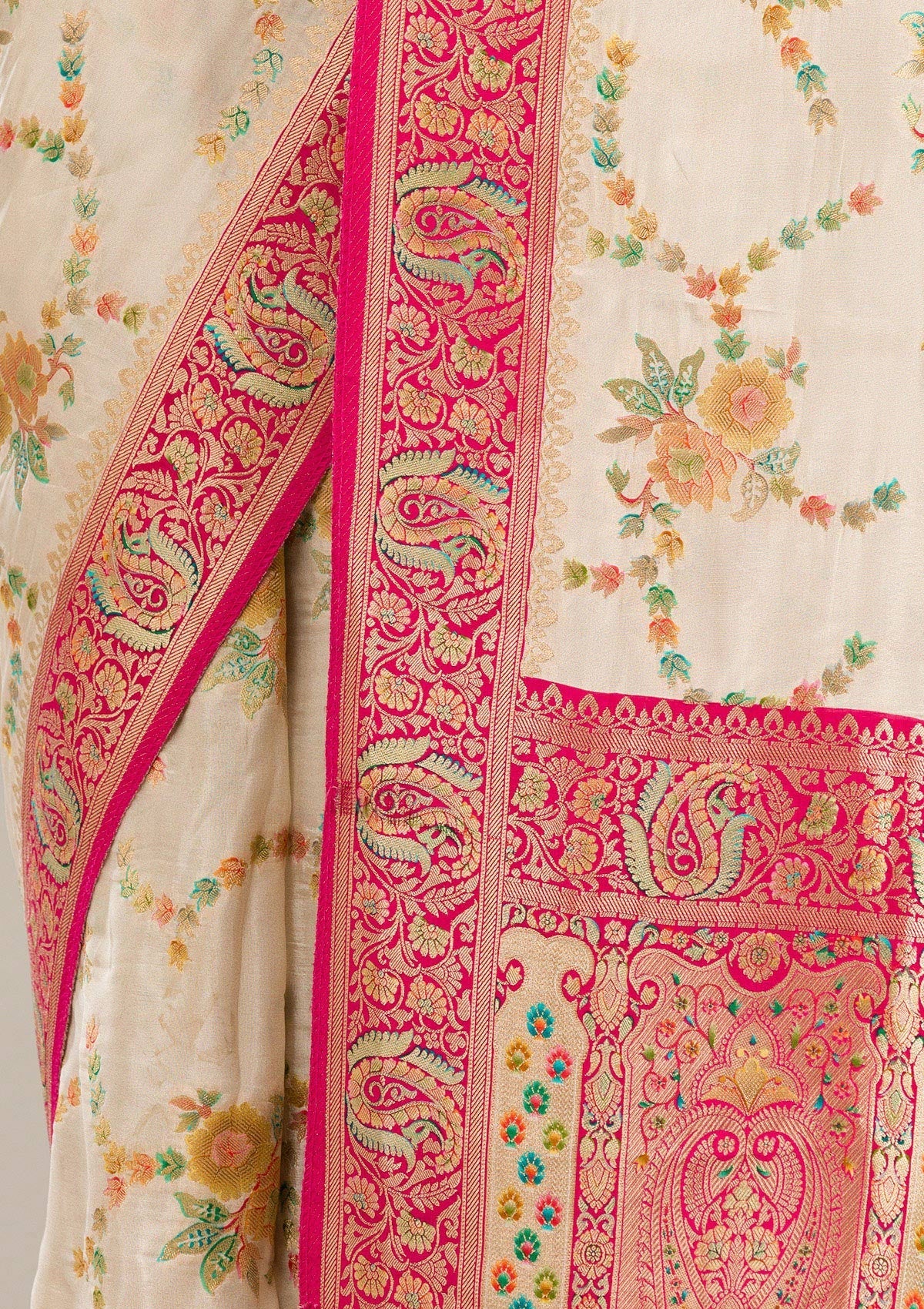 Beige Zariwork Banarasi Silk Saree-Koskii