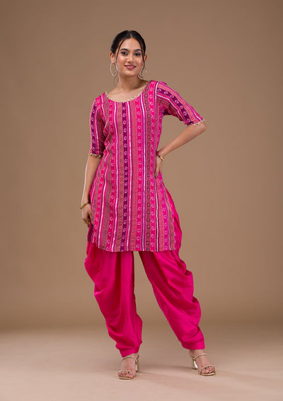 Rani Pink Zariwork Bandhini Readymade Salwar Suit-Koskii