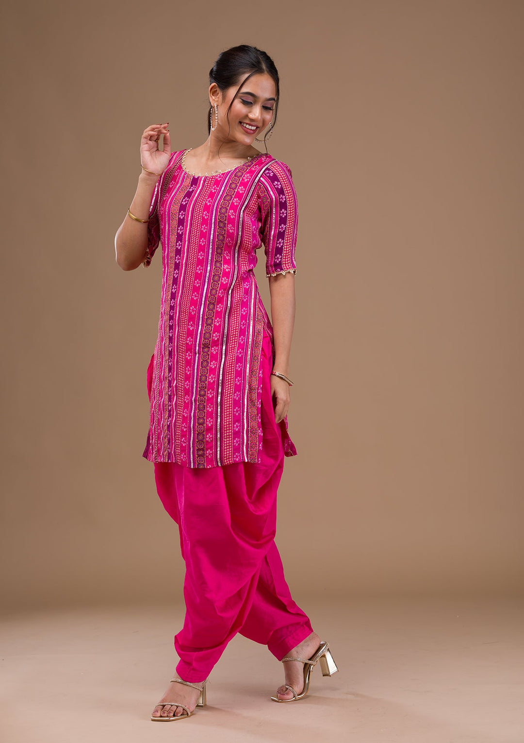 Rani Pink Zariwork Bandhini Readymade Salwar Suit-Koskii