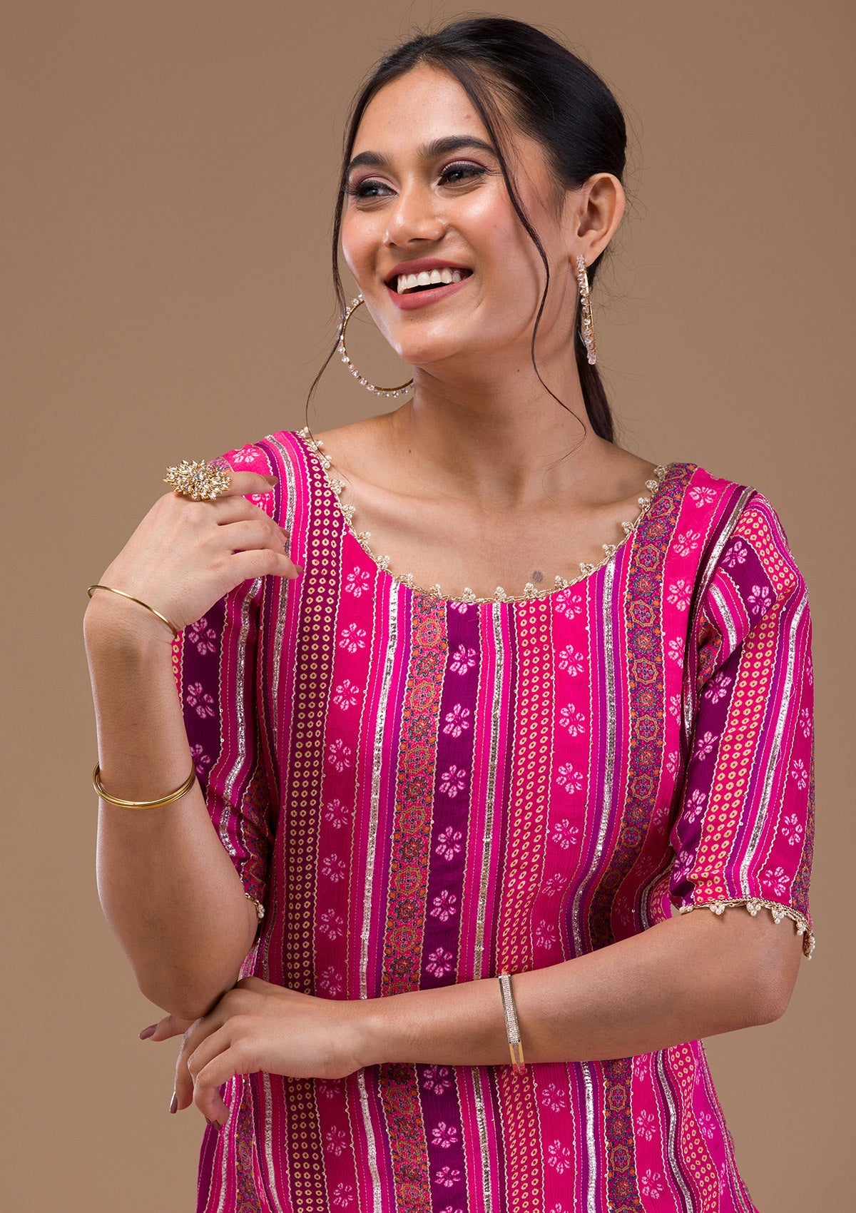 Rani Pink Zariwork Bandhini Readymade Salwar Suit-Koskii
