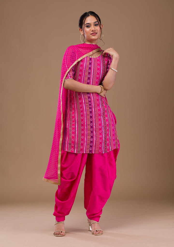 Rani Pink Zariwork Bandhini Readymade Salwar Suit-Koskii