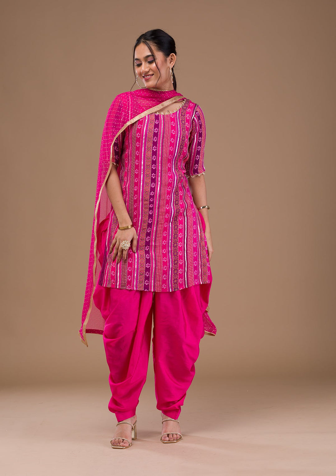 Rani Pink Zariwork Bandhini Readymade Salwar Suit-Koskii