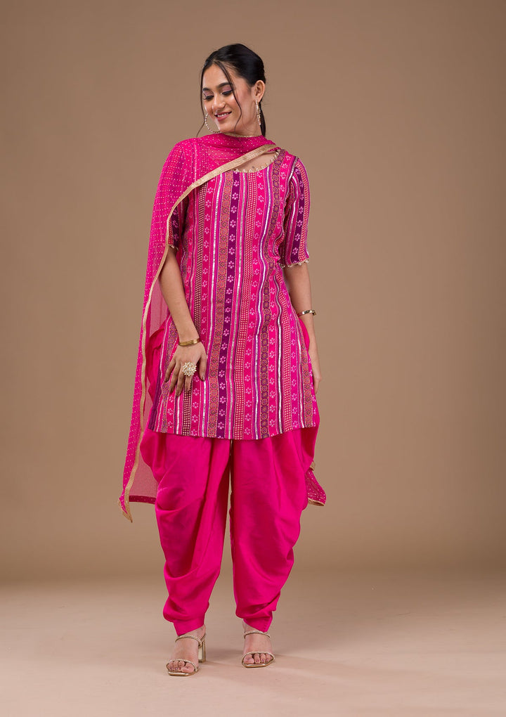 Rani Pink Zariwork Bandhini Readymade Salwar Suit-Koskii