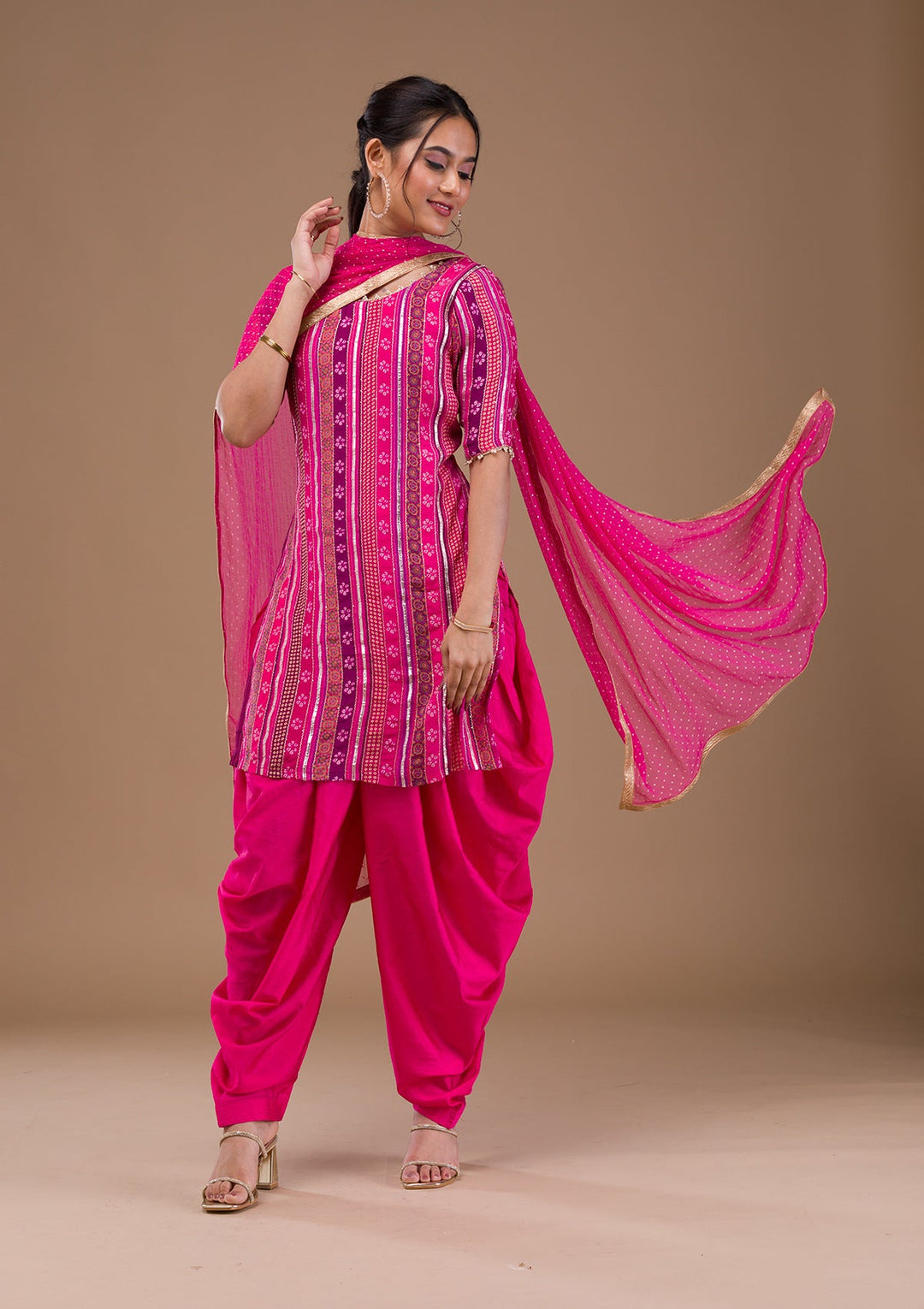 Rani Pink Zariwork Bandhini Readymade Salwar Suit-Koskii