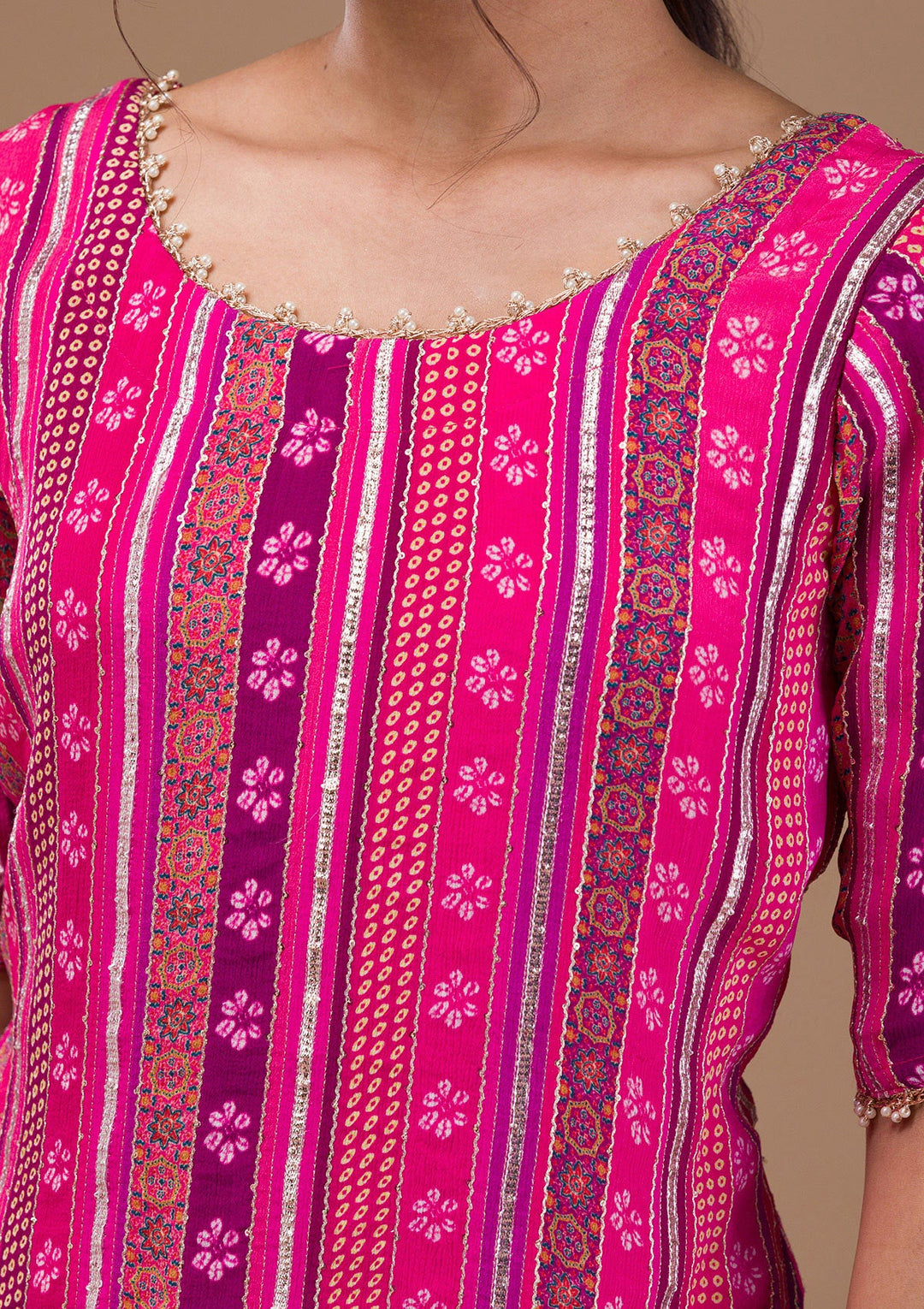 Rani Pink Zariwork Bandhini Readymade Salwar Suit-Koskii