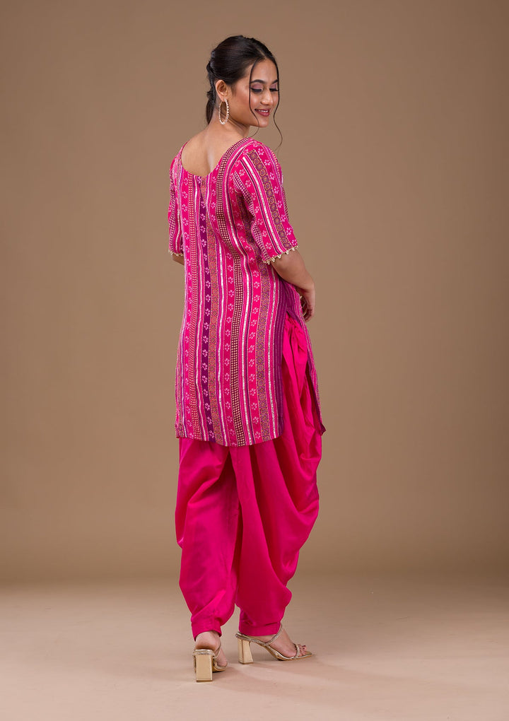 Rani Pink Zariwork Bandhini Readymade Salwar Suit-Koskii