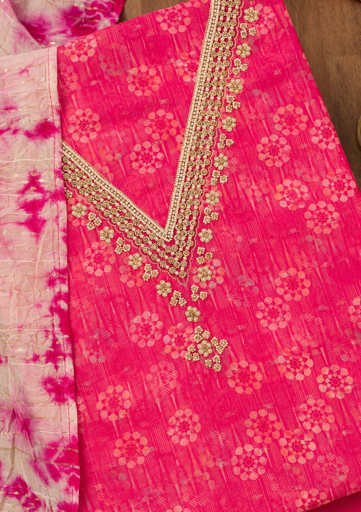 Rani Pink Zariwork Chanderi Unstitched Salwar Suit-Koskii