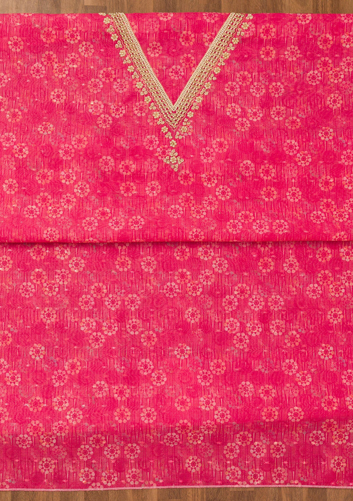 Rani Pink Zariwork Chanderi Unstitched Salwar Suit-Koskii