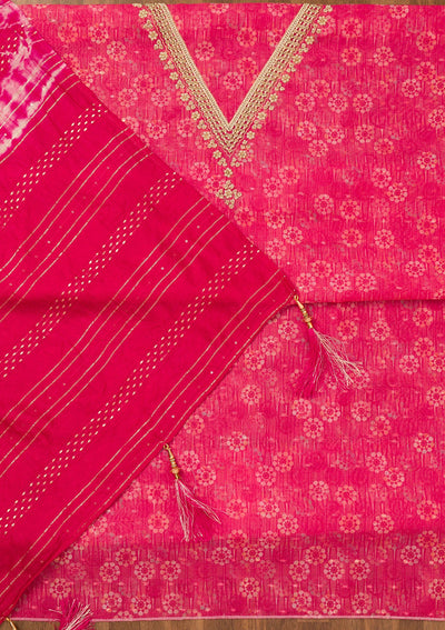 Rani Pink Zariwork Chanderi Unstitched Salwar Suit-Koskii