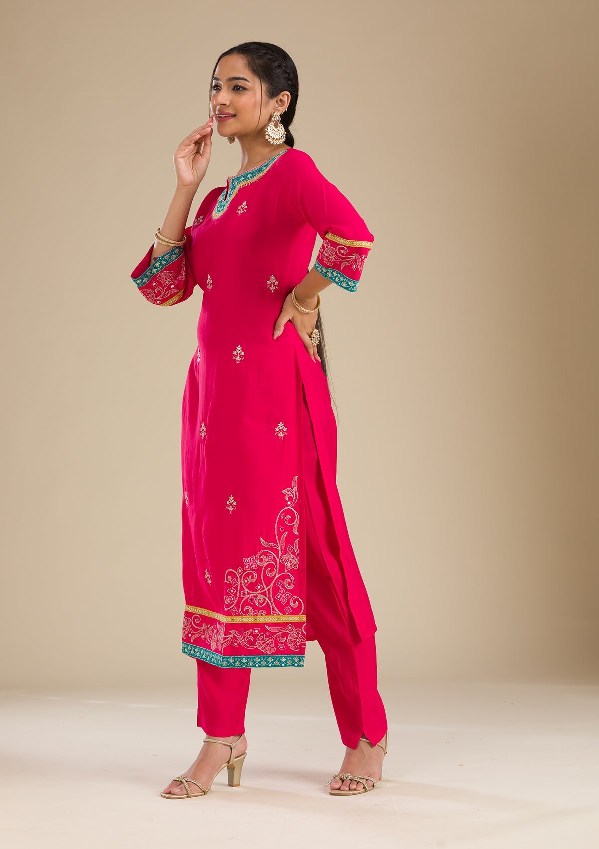 Rani Pink Zariwork Chiffon Readymade Salwar Suit-Koskii