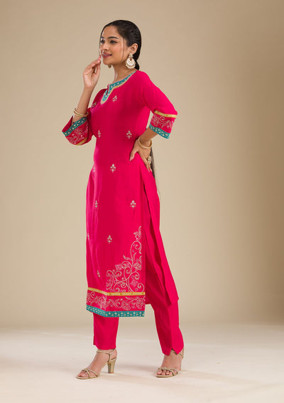 Rani Pink Zariwork Chiffon Readymade Salwar Suit-Koskii