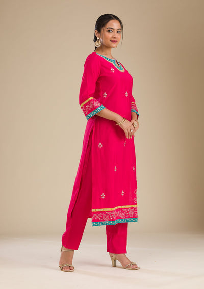 Rani Pink Zariwork Chiffon Readymade Salwar Suit-Koskii