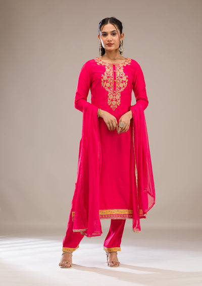 Rani Pink Zariwork Chiffon Readymade Salwar Suit-Koskii