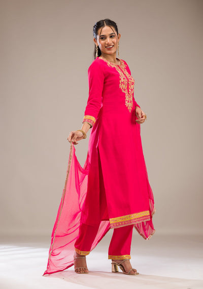 Rani Pink Zariwork Chiffon Readymade Salwar Suit-Koskii