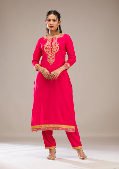 Rani Pink Zariwork Chiffon Readymade Salwar Suit-Koskii